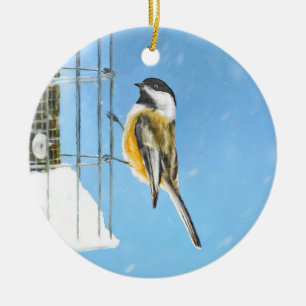 Chickadeon Feeder Painting - Original Bird Art Keramik Ornament