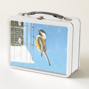 Chickadeon Feeder Painting - Original Bird Art Metall Brotdose