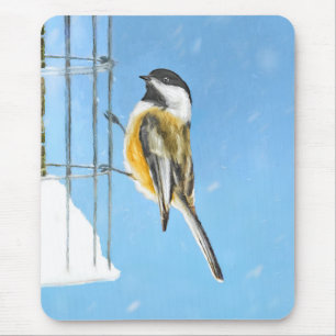 Chickadeon Feeder Painting - Original Bird Art Mousepad