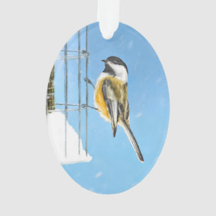 Chickadeon Feeder Painting - Original Bird Art Ornament