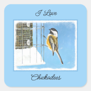 Chickadeon Feeder Painting - Original Bird Art Quadratischer Aufkleber