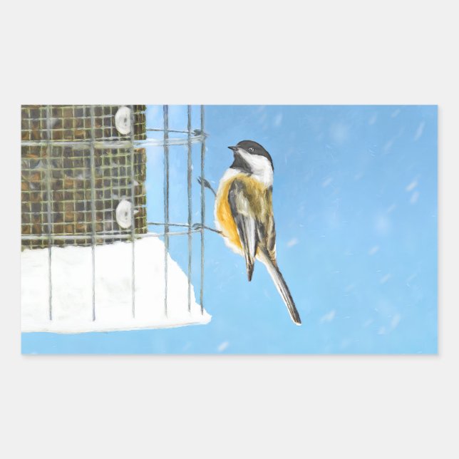 Chickadeon Feeder Painting - Original Bird Art Rechteckiger Aufkleber (Vorderseite)