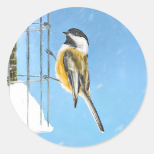 Chickadeon Feeder Painting - Original Bird Art Runder Aufkleber