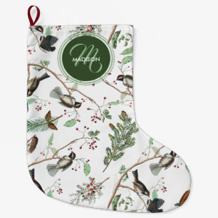Chickadevögel Berries & Pinecones Mit Monogramm Großer Weihnachtsstrumpf