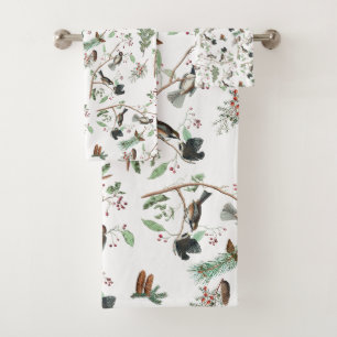 Chickadevögel Berries & Pinecones Wasserfarbe Badhandtuch Set