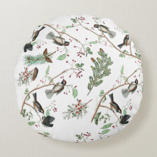 Chickadevögel Berries & Pinecones Wasserfarbe Rundes Kissen