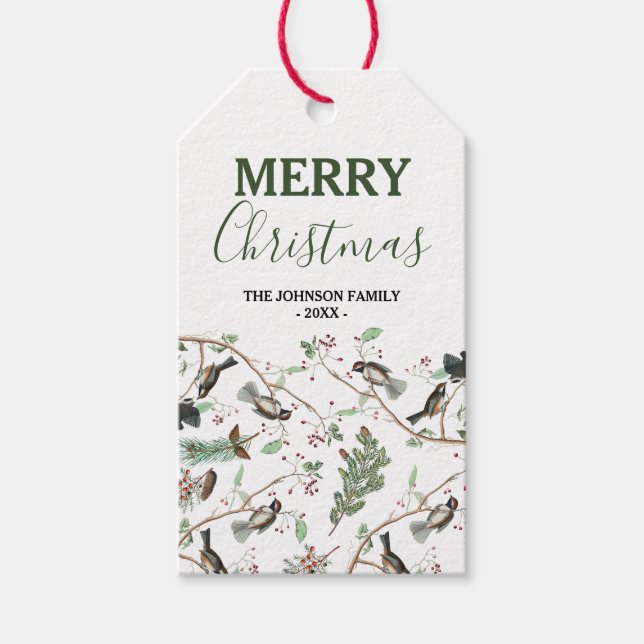 Chickadevögel Berries & Pinecones Weihnachten Geschenkanhänger (Vorderseite)