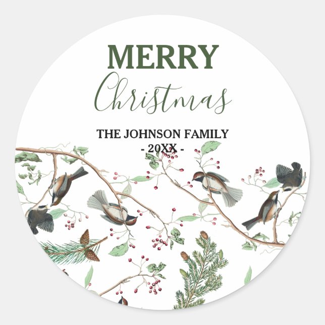 Chickadevögel Berries & Pinecones Weihnachten Runder Aufkleber (Vorderseite)