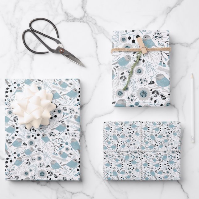 Chickadevögel Niedlich Blaue graue Blume Berries Geschenkpapier Set (Vorderseite)