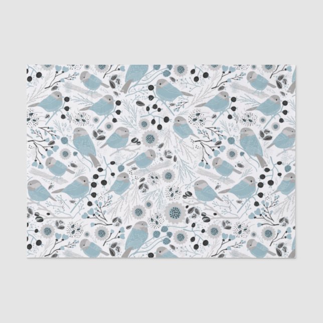 Chickadevögel Niedlich Blaue graue Blume Berries Seidenpapier (Vorderseite)