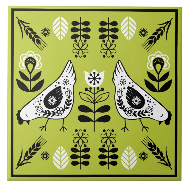 Chicken Hen Folk Fliese (Vorderseite)