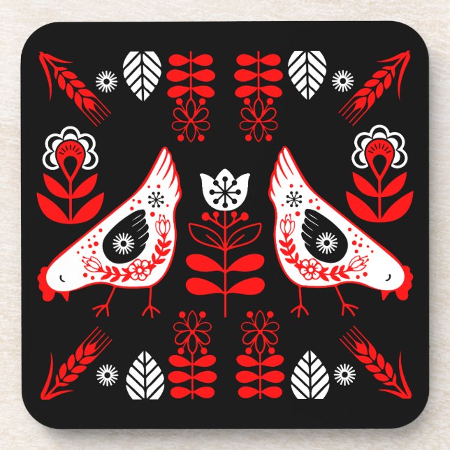 Chicken Hen Folk Getränkeuntersetzer (Vorderseite)