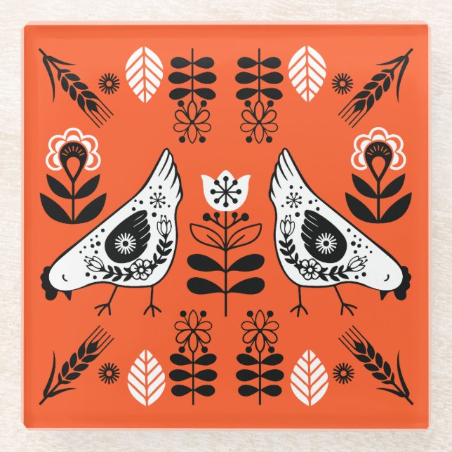 Chicken Hen Folk Glasuntersetzer (Vorderseite)