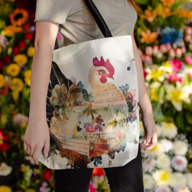 Chicken Mixed Media Art Collage Tasche (Scrapbook collage style chicken on one side...)
