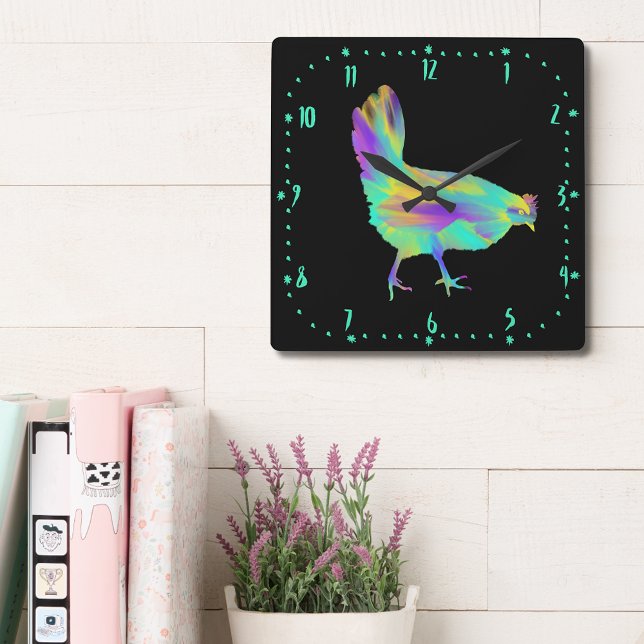 Chicken Time Cute Colourful Aqua Farm Hen Art Quadratische Wanduhr (Cute hen colorful animal art black wall clock )