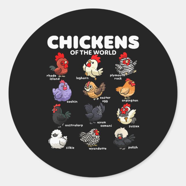 Chickens Of The World Funny Cartoon Chicken Breeds Runder Aufkleber (Vorderseite)