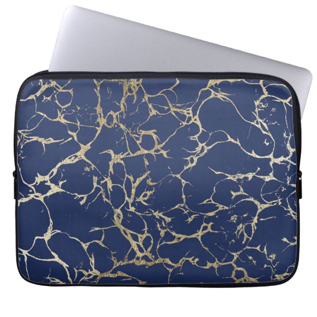 Chicmarineblau-Imitat-Goldfolien-Marmormuster Laptopschutzhülle (Vorderseite)