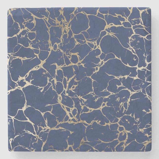Chicmarineblau-Imitat-Goldfolien-Marmormuster Steinuntersetzer (Vorderseite)