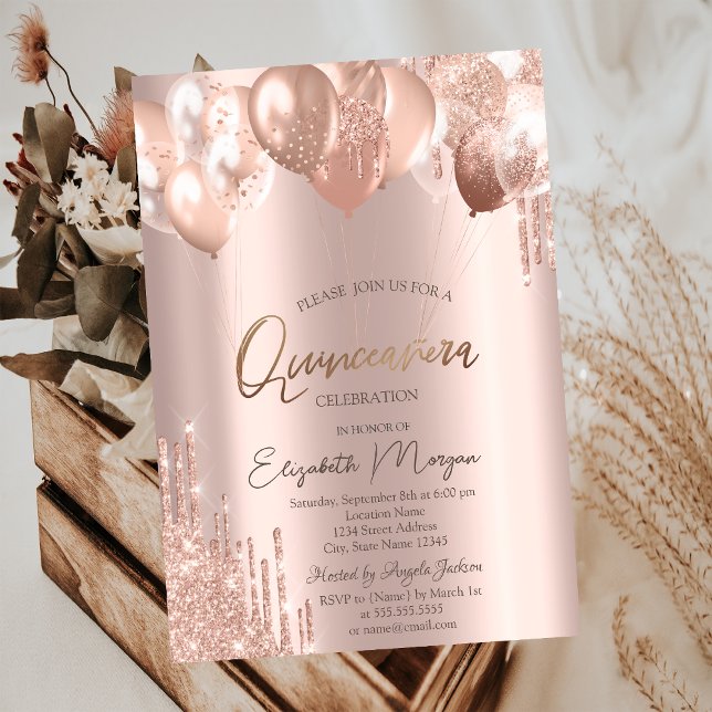 ChicRose Gold Glitzer Tropfen Balloons Quinceañera Einladung (Von Creator hochgeladen)