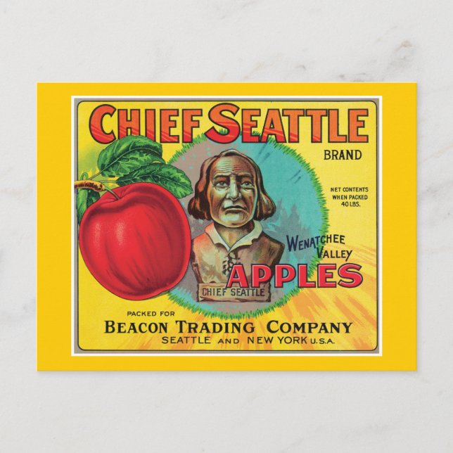 Chief Seattle Vintag Äpfel Label Postkarte (Vorderseite)