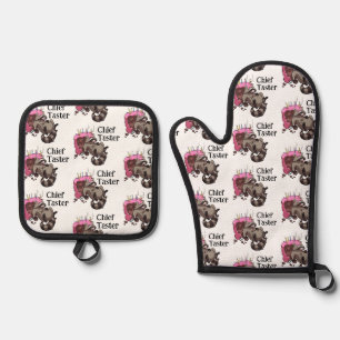 Chief Taster Greedy Raccoon Eating Cake Cartoon Ofenhandschuh & Topflappen-Set
