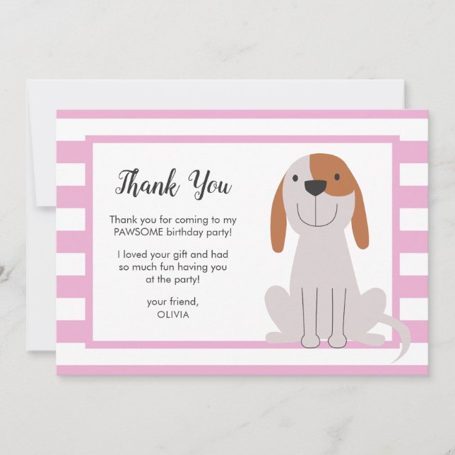 Chien Anniversaire de enfant rose Carte de remerci (Devant)