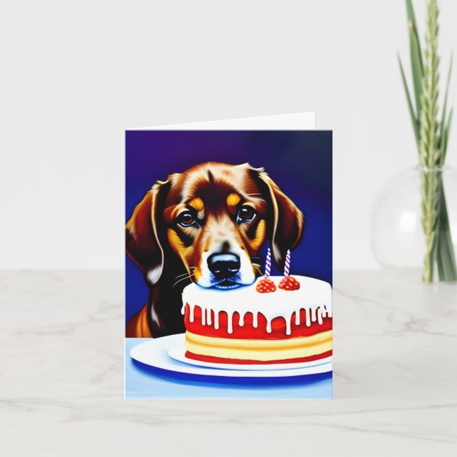 Chien avec gâteau d'anniversaire Carte de voeux pl (Devant)