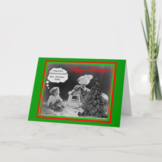 Chien avec poulet et enfant Carte de Noël amusant (Devant)