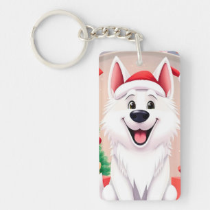 Chien Blanc en Chapeau de Père Noël
