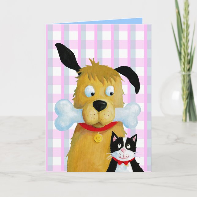 Chien Bone & Chat sur Tartan Motif - Carte de voeu (Devant)
