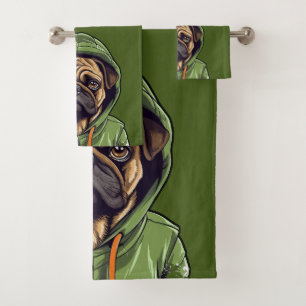 Chien carlin portant Sweat - shirt à capuche vert