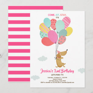 Chien chiot Invitation Anniversaire Ballons Fille 