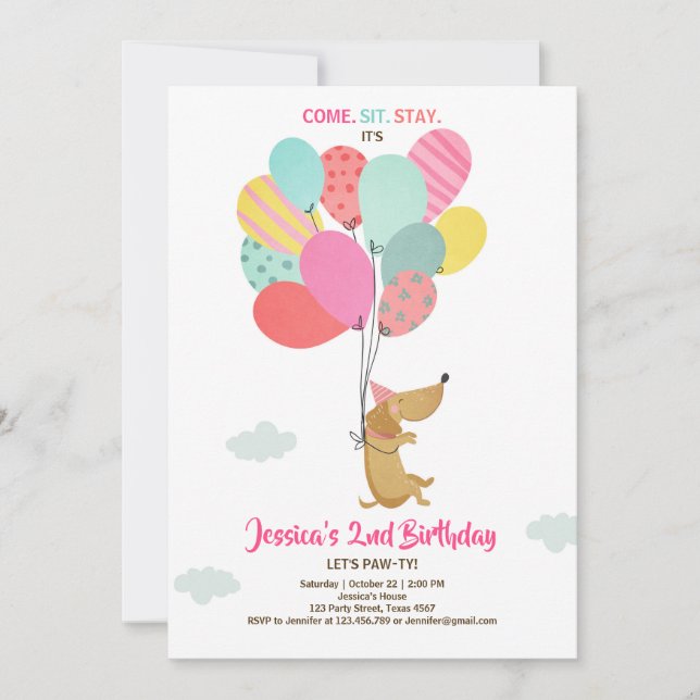 Chien chiot Invitation Anniversaire Ballons Fille  (Devant)