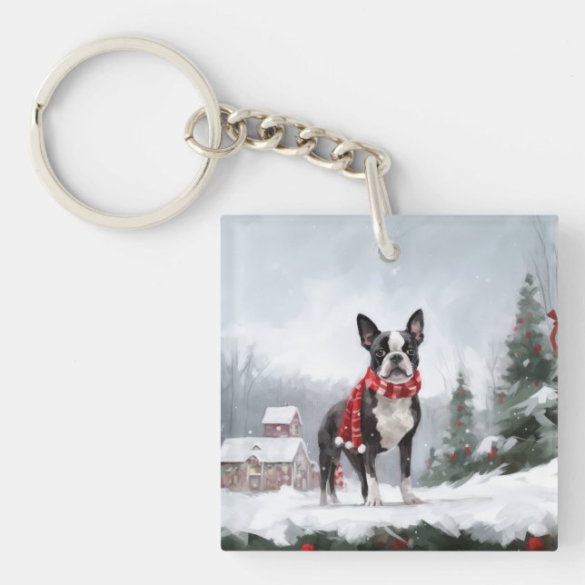 Chien de Boston Terrier pendant Noël de neige (Devant)