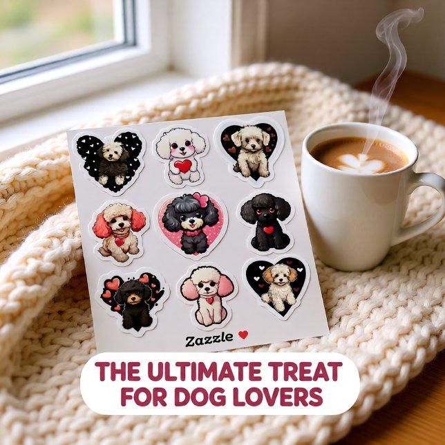 Chien de caniche Valentine série de 9 autocollants (Cute Valentine Poodle Dog Hearts Set of 9 Adorable Sticker)