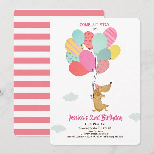Chien de chiots Invitation Anniversaire Balloons F (Devant / Derrière)
