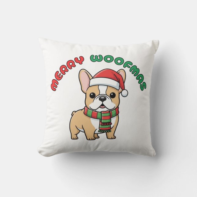 Chien de Noël Français Coussin : Joyeux Woofmas (Recto)