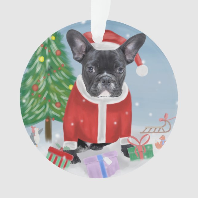 Chien de taureau français en neige avec cadeaux de (devant)
