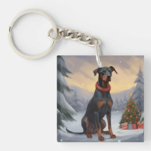 Chien Doberman pendant Noël de neige