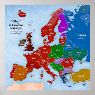 Chien en affiche européenne de carte de langues
