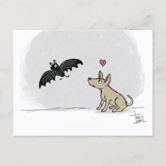 Chien en amour avec une carte postale de chauve-so