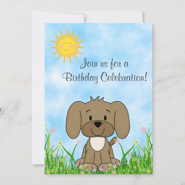 Chien et fleurs de chiot Invitation d'anniversaire (Devant)