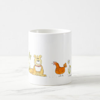 Chien hirsute et tasse rouge de poule
