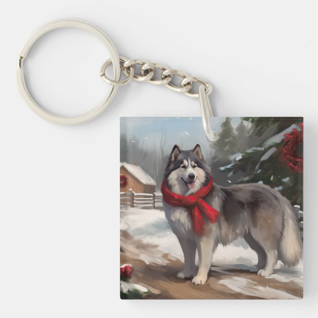 Chien malamué de l'Alaska en Noël de neige (Devant)
