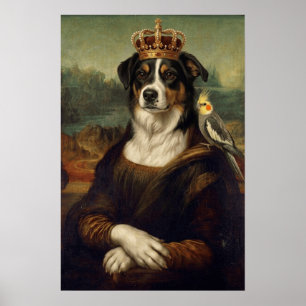 Chien Mona Lisa avec perroquet cockatiel Affiches