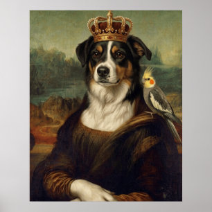 Chien Mona Lisa avec perroquet cockatiel Affiches