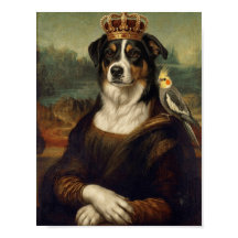 Chien Mona Lisa avec perroquet cockatiel Affiches