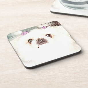 Chien pekingese blanc dessous de verre en plastiqu