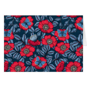 Chien rose et papillons en bleu et rouge