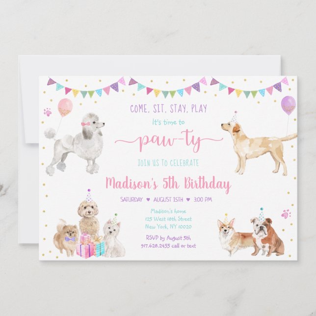 Chien rose Gold Girl Anniversaire Invitation (Devant)